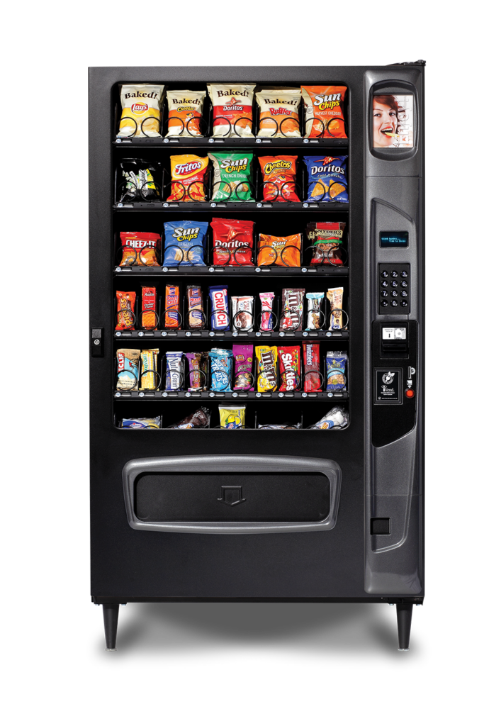 Large black snack vending machine stocked with chips, candy bars, cookies, and pastries, with keypad and payment display.