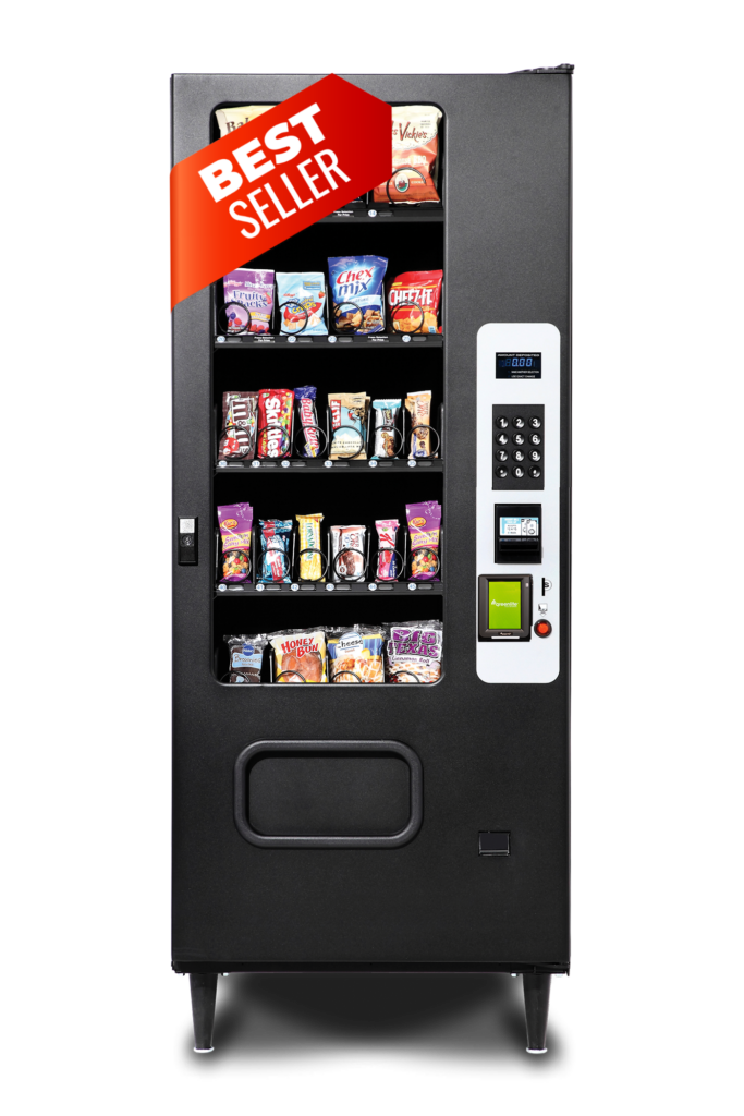 Vending.com's best seller snack vending machine, fully stocked with various snacks like chips, candy, and pastries, featuring a modern cashless payment system.